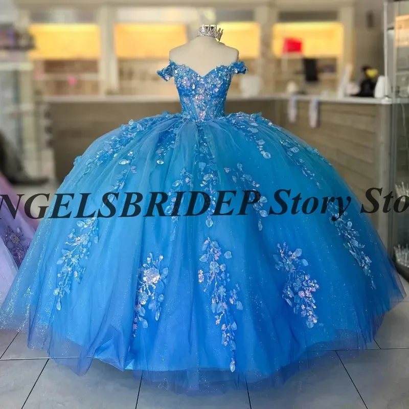 Angelsbridep Lichtblauwe Prinses Quinceanera Jurken Baljurk Off The Shoulder Applique Kant Kralen Sweet 15 16 Jurk Custom Nieuw