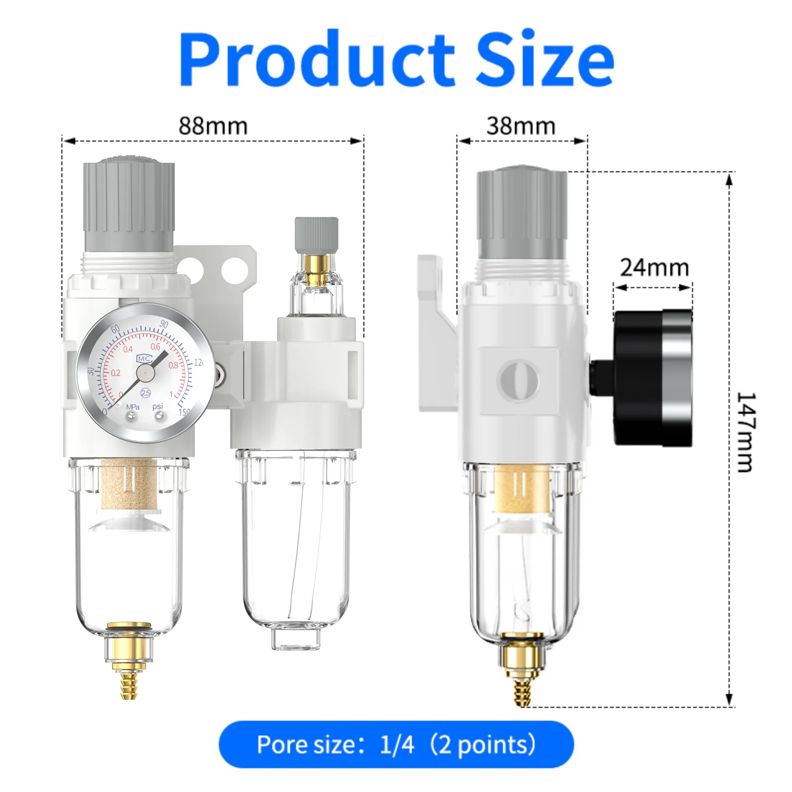 White AFC2000 PT1/4 Air Compressor Air Pump Pressure Regulating Oil-Water Separator Filter Two Way or Three-Way Connector
