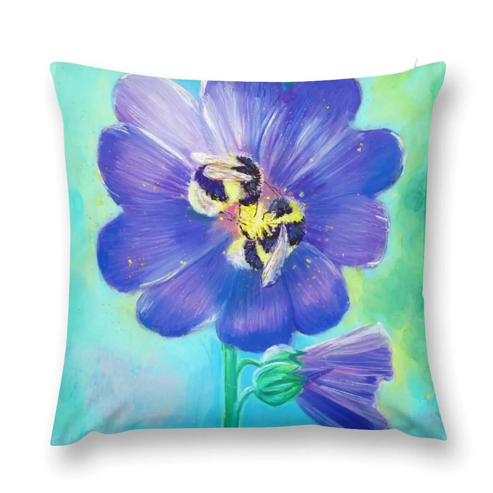 

Painting by Laura Rispoli bees sleeping in a hollyhock flower holding each others feet Throw Pillow New year pillow