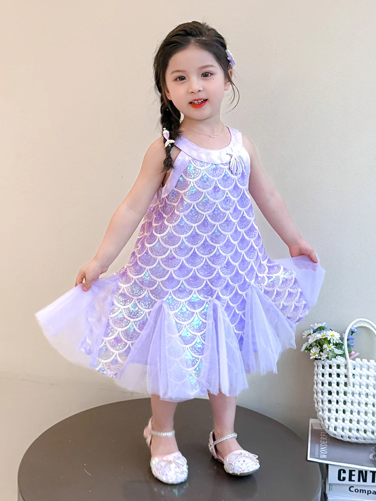 Vestido de Verão Novo Estilo para Meninas, Vestido de Princesa Fofo com Cauda de Peixe, Vestido Infantil Sem Mangas e Sem Alç...