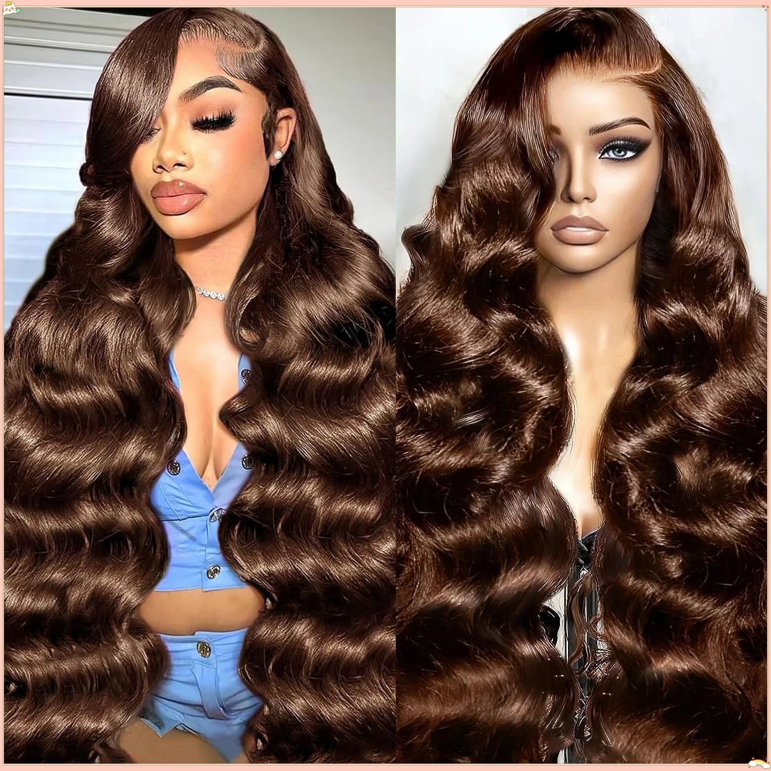 28 Inch Chocolate Brown Lace Front Wig Human Hair Pre Plucked 13x4 Hd Lace Body Wave Frontal Wigs Human Hair 4# Brown Colored Wigs Human Hair 200% Density Glueless Wigs 13x4 Chocolate Brown Human Hair Wig Straight Body Deep Wave Lace Front Wigs