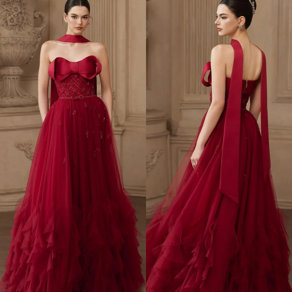 

Customized Luxury Strapless Sleeveless Evening Dress High Quality Tulle Burgundy Prom Dresses Temperament Bow Bridal Party Gowns