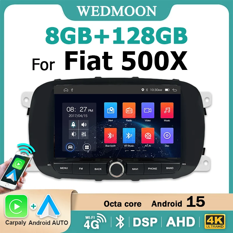 Autoradio sans fil Carplay Android 15, autoradio pour Fiat 500X 2014-2020, Bluetooth 2din, écran 7 pouces, lecteur multimédia, navigation