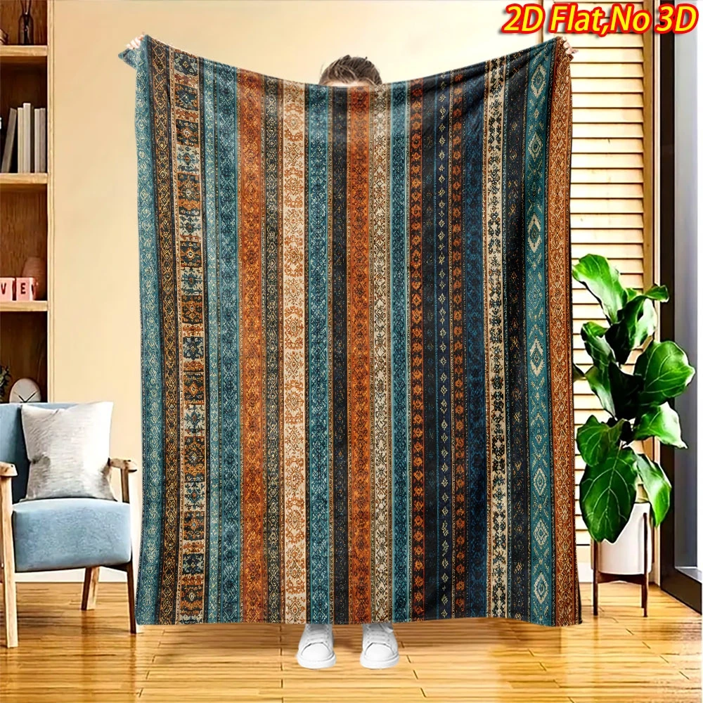 Multi Color Vertical Ethnic Geometric Stripe All Over Layout Fluffy Blanket Soft Warm Cover For Couch Office Picnic Vintage