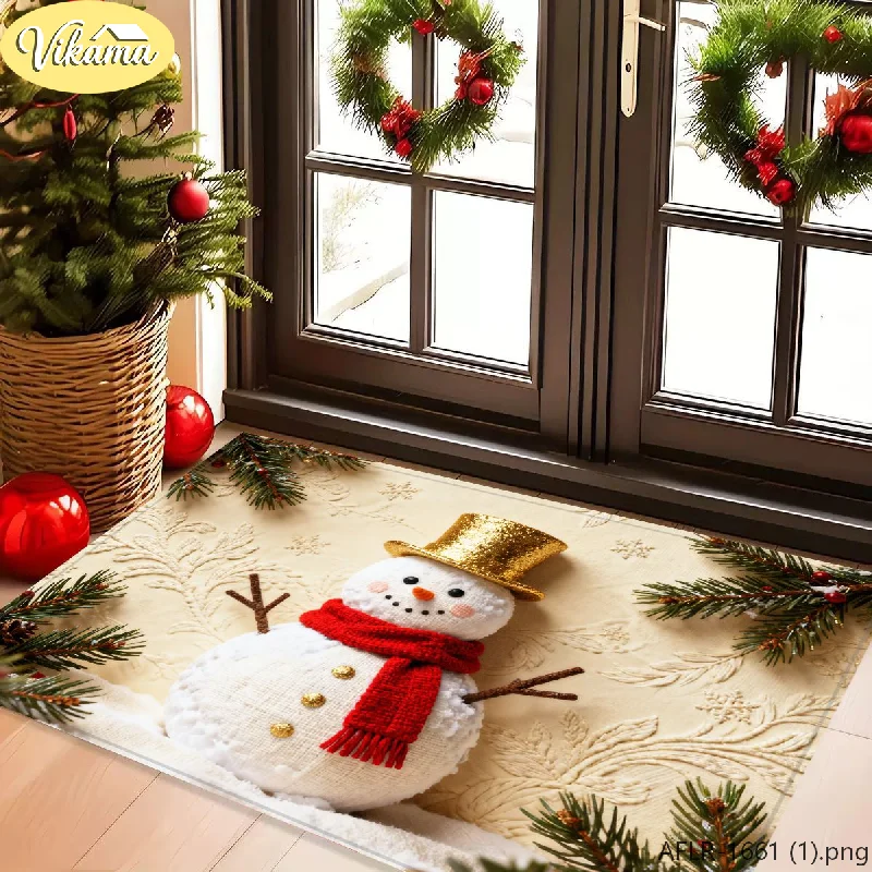 VIKAMA 3D Visual Christmas Snowman Doormat Beige Embossed Scarf Snowman Print Floor Mat Non Slip Entryway Rug Home Decor