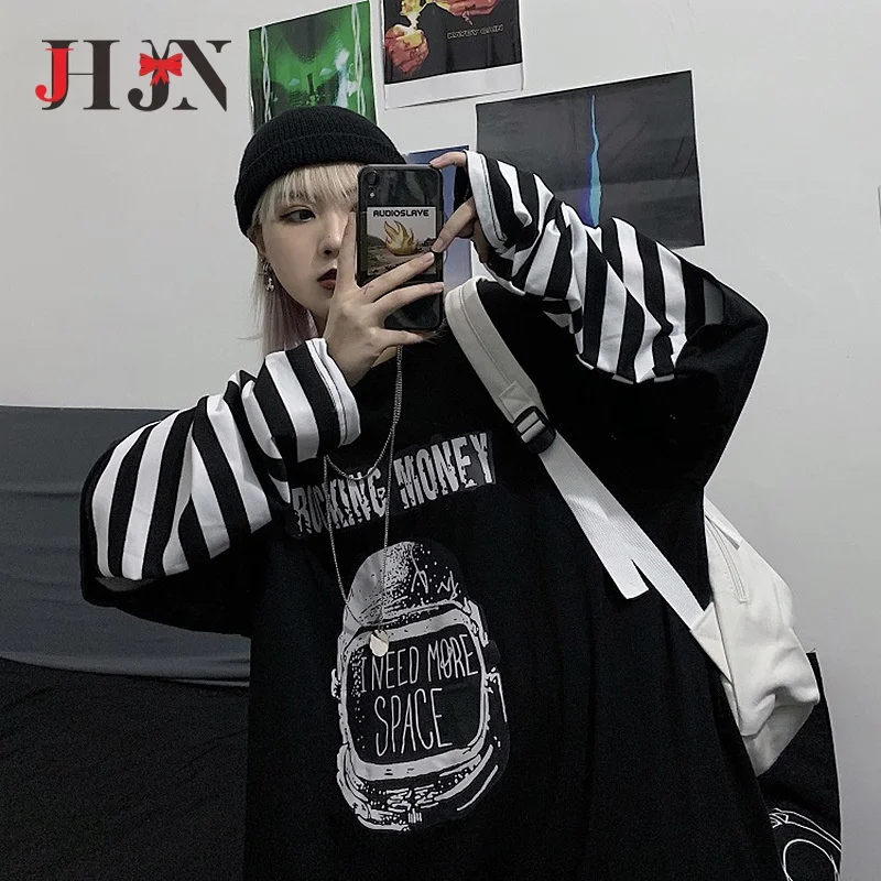 Autumn New Style Women Hoodie Loose Fake Two Items Pullovers Stripe Tees Long Sleeves T-Shirt Hip Hop Tops Cool Female Clothing