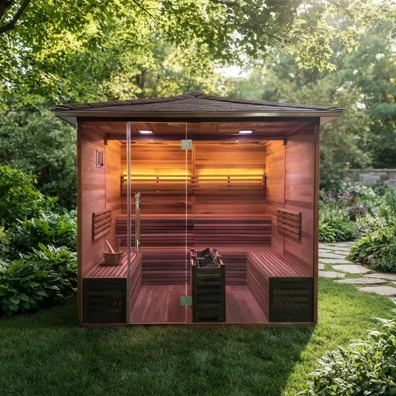 Indoor Steam Sauna Room 4‑6 Person Solid Wood Sauna Cabin With Heater For Home Backyard Spa Use