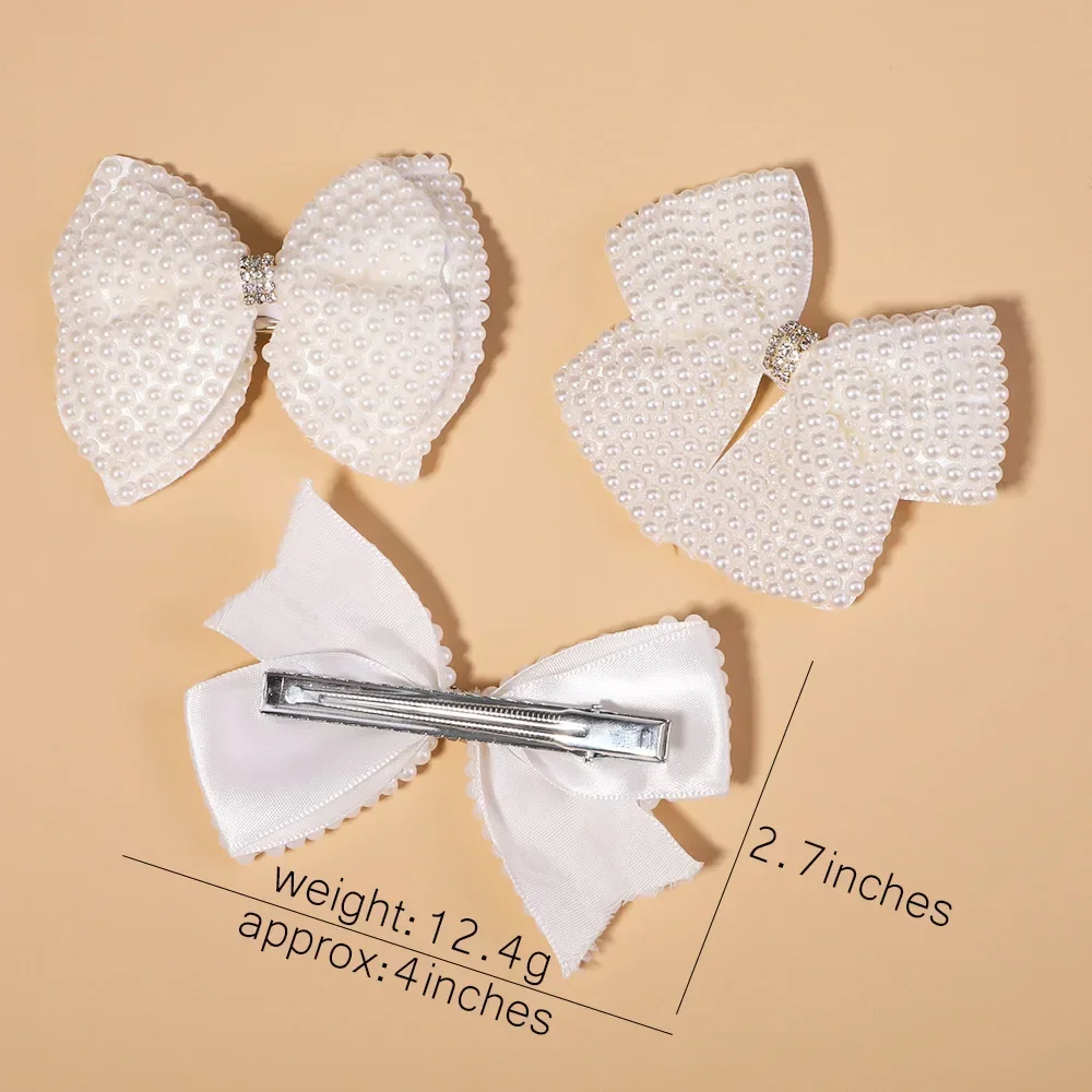 1 pçs branco pérola arcos de cabelo com grampos de cabelo para meninas crianças boutique camadas bling strass centro arcos grampos de cabelo acessórios para o cabelo