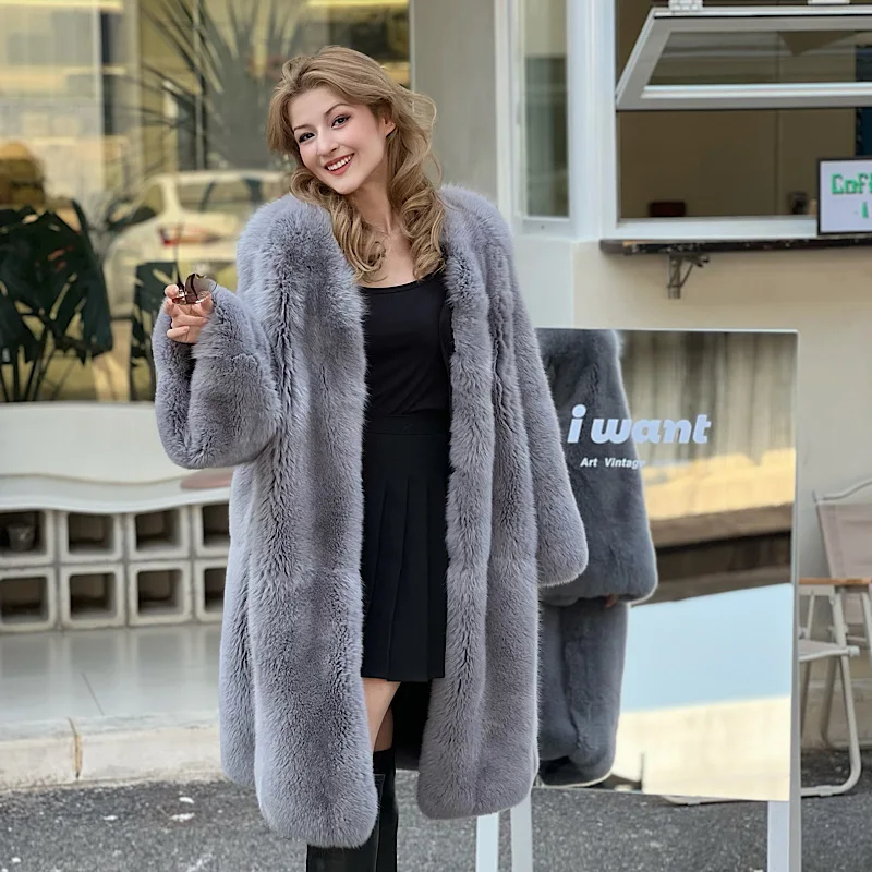 2023 New Fox Fur Flare sleeve Coats Women Winter Warm Outerwear High Quality Genuine Fox Fur Thick Fur Coat V-Neck