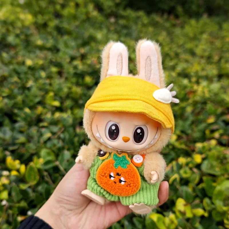 

17cm For Labubu Third-Generation Orange Overalls Cartoon Doll With Hat Versatile Clothing Item Toy And Hobby Doll Accessory