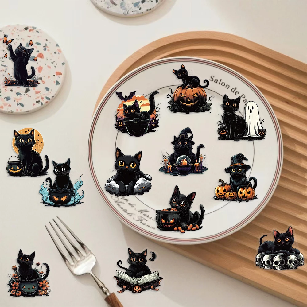 Confezione da 50 adesivi per gatti neri di Halloween, decalcomanie per notebook, cancelleria, album, diario telefonico, graffiti, adesivi in PET