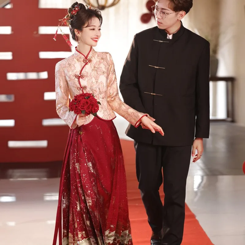 

New wine red Chinese-style dress for toasting cheongsam set