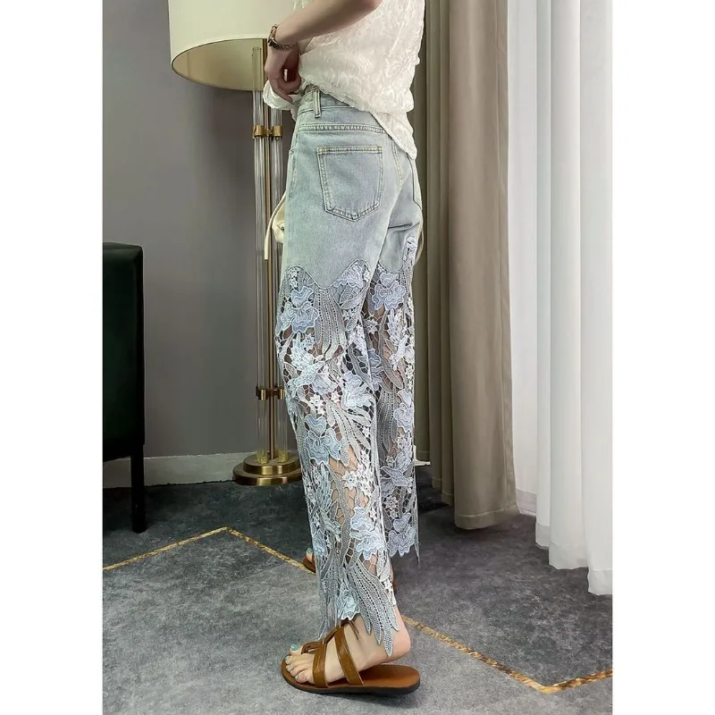 

2026 Autumn Female New Light Luxury Hollow Lace Splicing Wide Legs High Waist Blue Jeans Women's Thin Fashion Straight Trousers