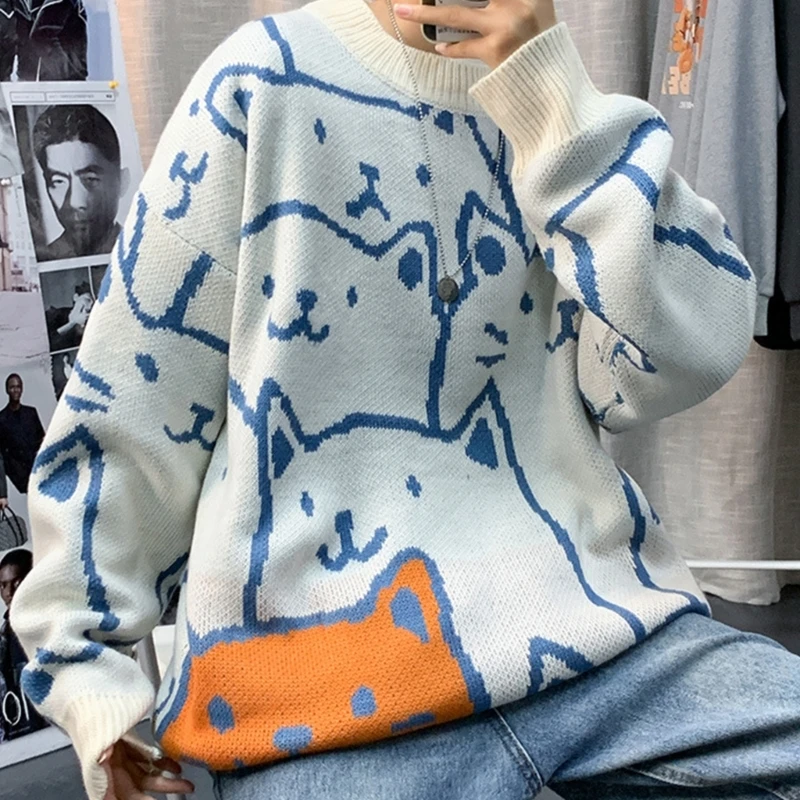 Men Long Sleeve Sweater Harajuku Cartoon Cat Printed Pullover Top Hip-Hop Oversized Loose Knitwear Round Neck Streetwear