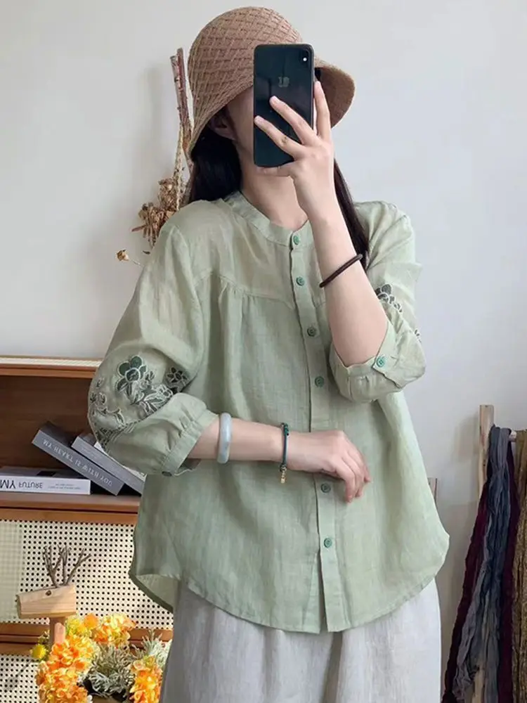 Chinese Style Embroidered Shirt New Retro Literary Style Loose and 7-part Sleeve Versatile Base Shirt