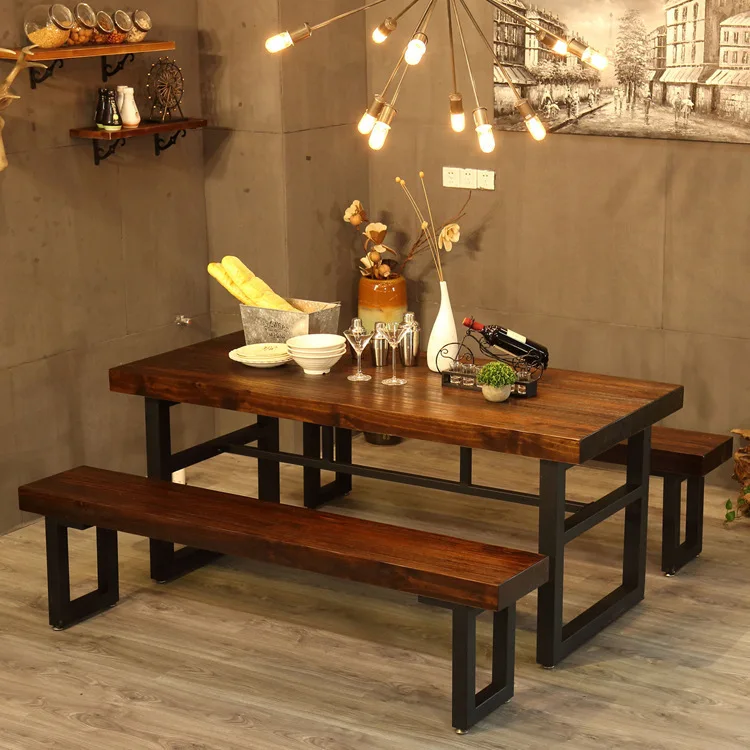 Retro dining table bar restaurant household solid wood dining table and chair combination creative