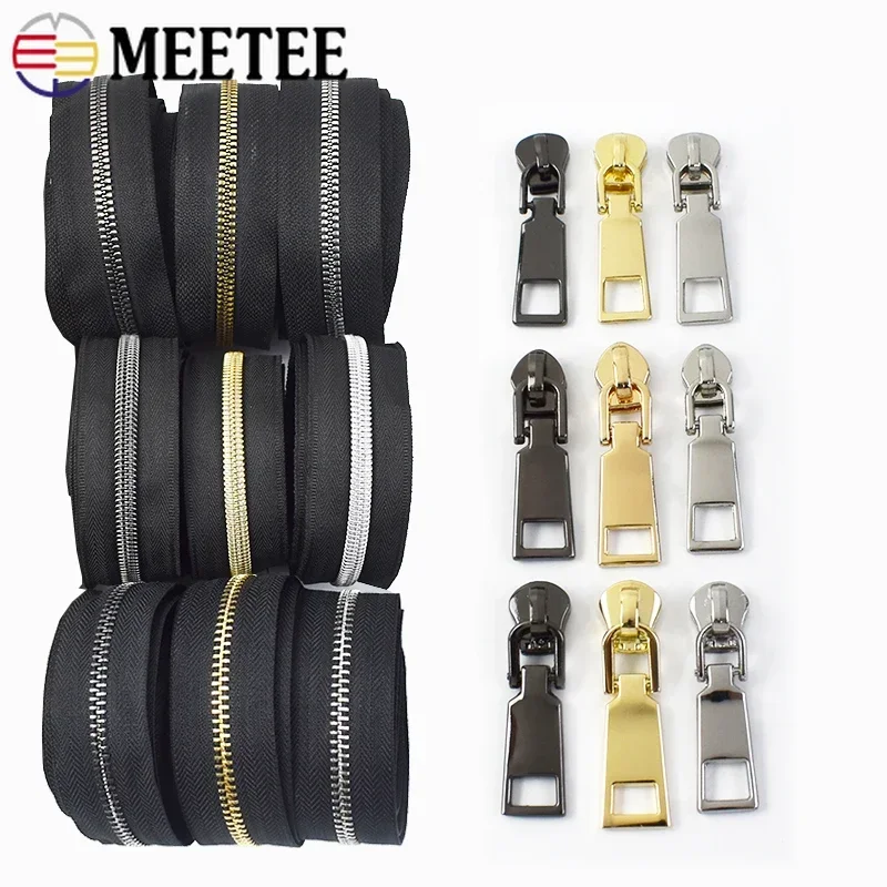 1-5Yards 5# Metal/Nylon/Resin Zippers Tape By Yards with Zip Puller Sliders for Sewing Bag Clothes Repair Kits Accessoriess