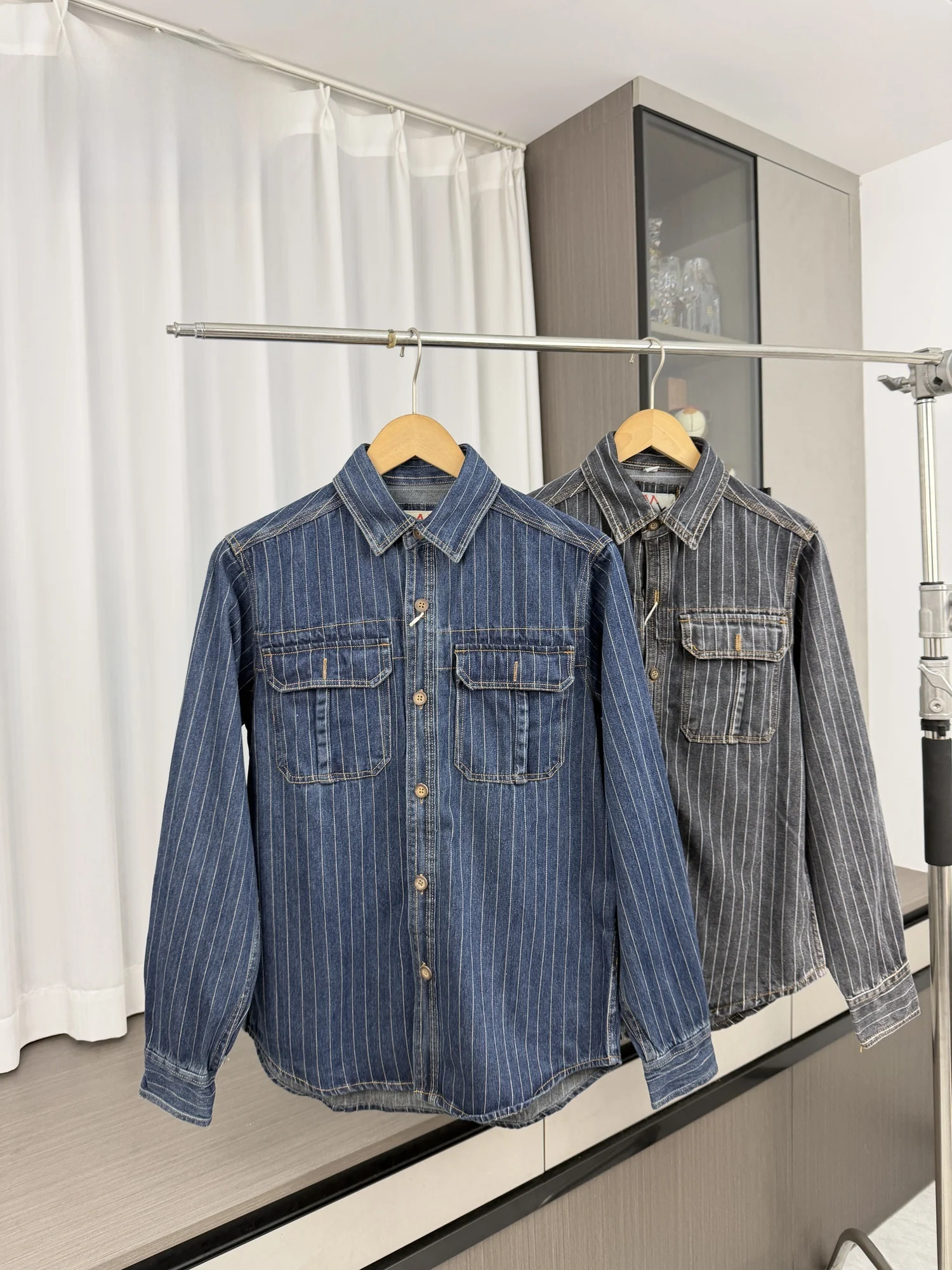 Washed Vintage Heavy Stripe Men's Casual Loose Fit Denim Shirt Autumn Workwear Ameika Style Long Sleeve Button up Top