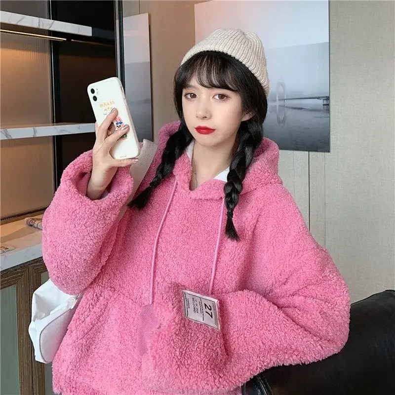 Large Hooded Sweater for Women In Autumn and Winter 2023 New Korean Version Loose Plush Thickened Imitation Lamb Plush Coat Top