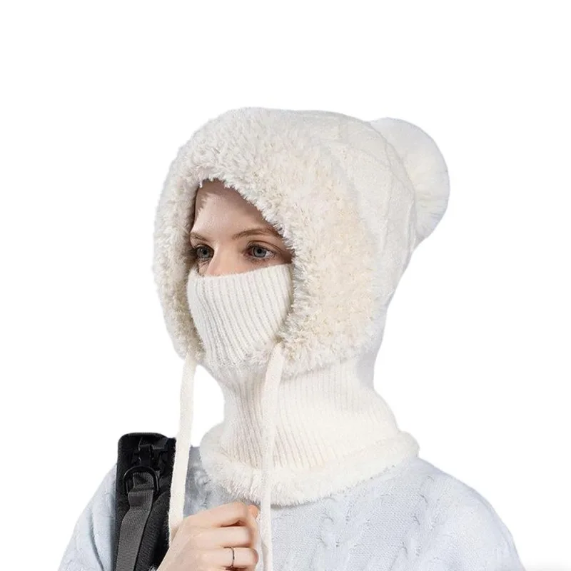 Frauen Winter Samt Gestrickte Woolen Balaclava Hut Gehörschutz Flauschigen Hut Maske Hals Integrierte Wärme Abdeckung Hut Dame Mit Kapuze Kappe