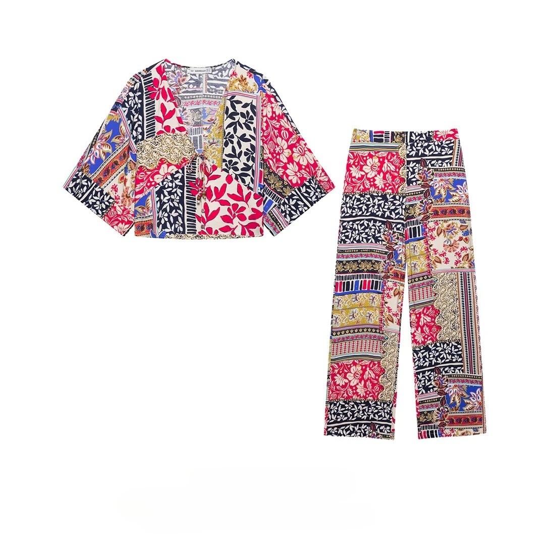 

ZBZA Women's Lace-up Ethnic Print Shirt Pants Set V Neck Long Sleeve Cropped Top High Waist Button Zip Trousers Summer Chic Suit