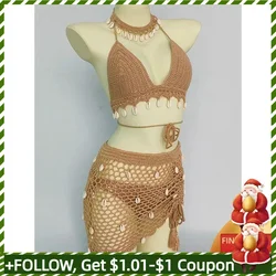 4 pieces Woman Bikini Set Crochet Shell Tassel Top Sexy Thong Bottom See-Through Hollow Out Bandage High Waist Short Beach Skirt