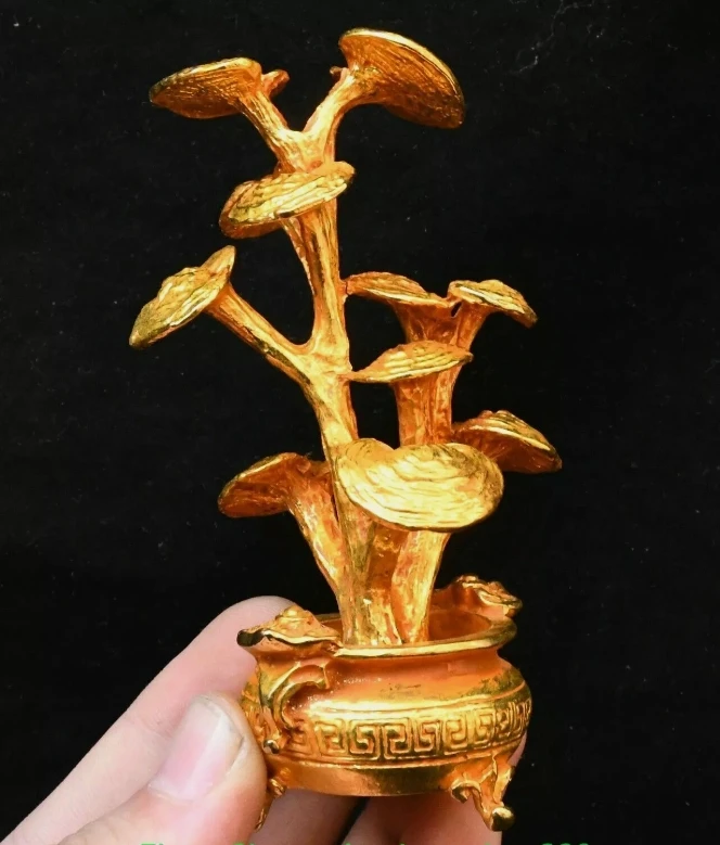 3.9''Old Chinese Dynasty Bronze Gilt Ganoderma lucidum Basin Statue Sculpture