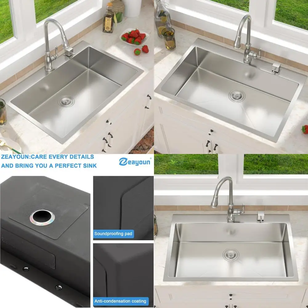 

Stainless Steel 33x19 Inch Topmount Single Bowl Kitchen Sink - Deep Handmade 18 Gauge Large Sink for Kitchen Use