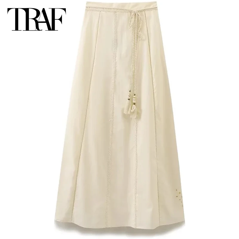 

TRAF Embroidered Hollow Out Skirts Women Skirt Summer 2024 Mid Waist Lace-Up Lining Long Skirt Elegant Fashion Vacation Skirts