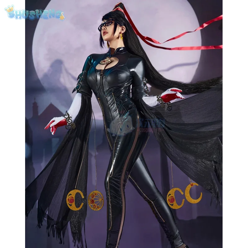 

Game Bayonetta Cereza Cerezita Cosplay Costume Halloween black tight leather jumpsuit prop wig accessories sexy women uniform