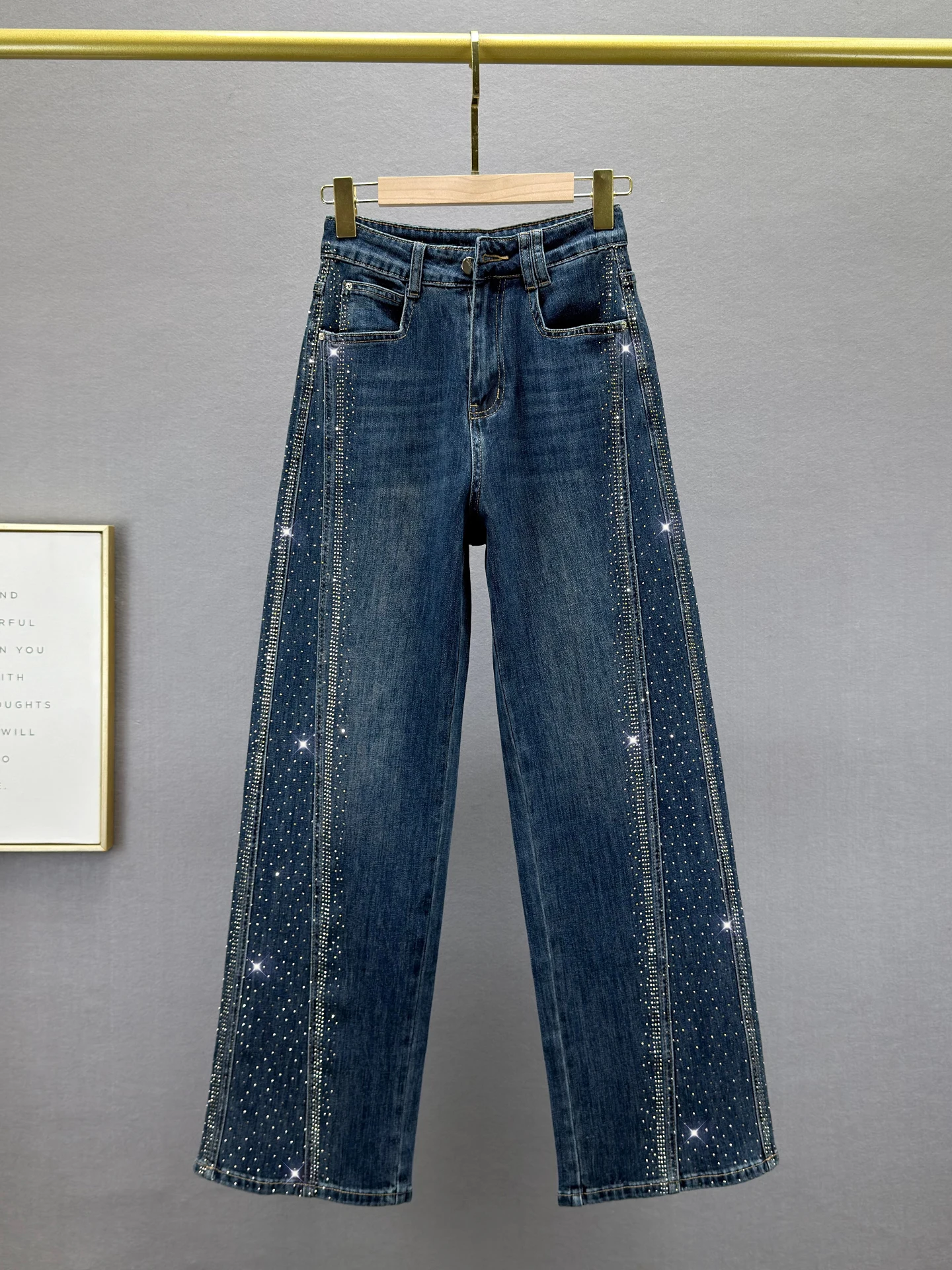 

Женские джинсы с высокой талией и стразами, прямые, свободного кроя, весенняя новинка, европейский стиль, стройнящие