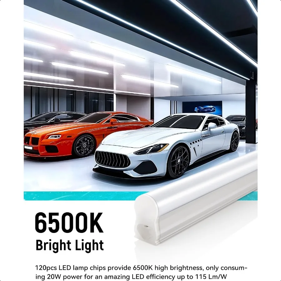 6 Pack 4FT T5 LED Integrated Fixture 6500K 20W 2300LM(er Bright White) Linkable LED Shop Light Garage Ceiling and Cabinet Light