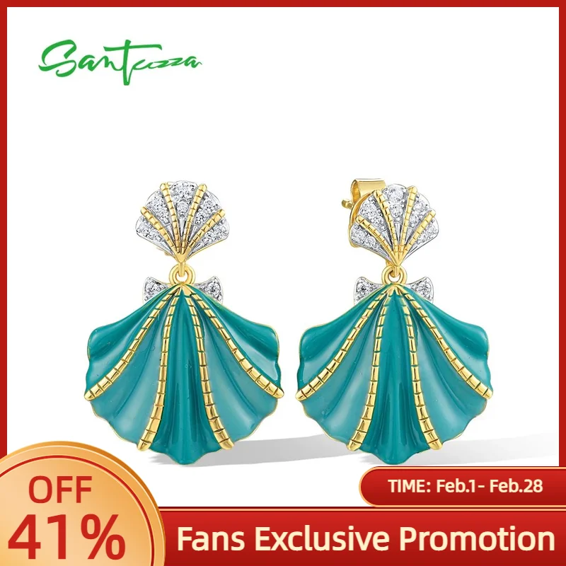 

SANTUZZA Pure 925 Sterling Silver Stud Earrings For Women Sparkling White CZ Greenish Shell Trendy Party Enamel Fine Jewelry Set