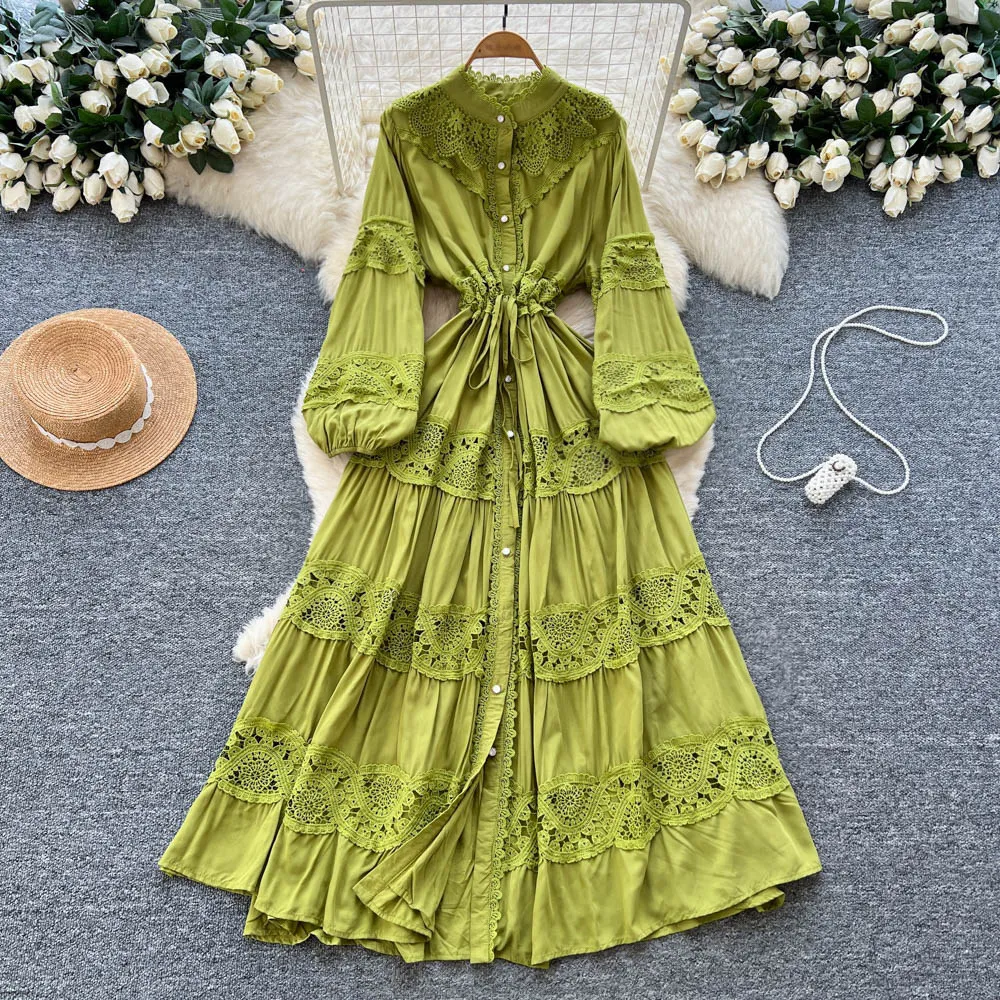 

Women Lace Spliced Dresses Solid Dress O Neck Long Sleeves A Line Ankle Lenth Single Breasted Loose Casual Elegant 2026 Spring