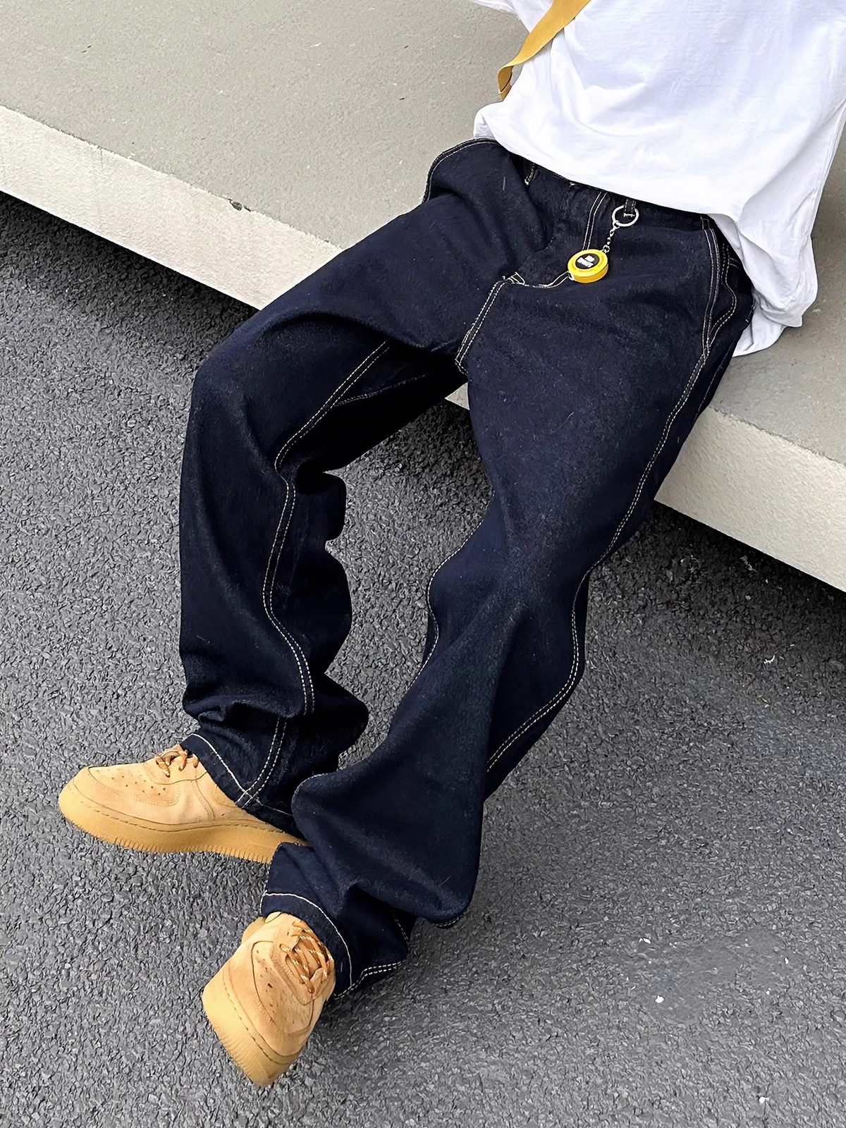 

Retro American Large Size Fce Lined Wide Leg Jeans Straight Cut Loose Fit Denim Pants ex Winter Versatile Original Color
