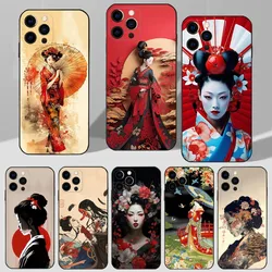 Japanse Geisha W-Vrouw Telefoon Case Voor iPhone 16,15,14,13,12,11 Plus,Pro Max,XS,X,XR,SE,Mini,8,7 Zachte Siliconen Zwarte Cover
