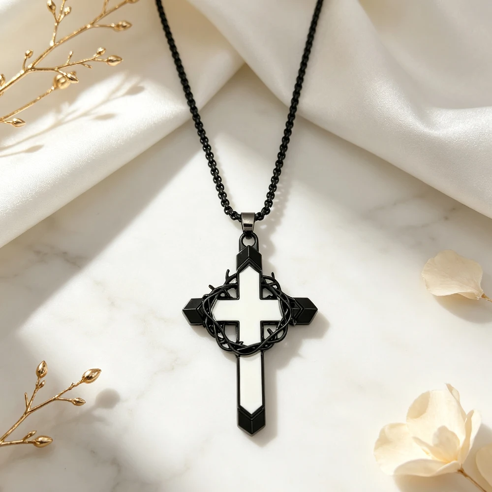 Gothic Thorn-Encrusted Cross Pendant Necklace, Black and White Enamel Alloy Pendant, European and American Street Hip-Hop Style Men's and Women's Jewelry Gift