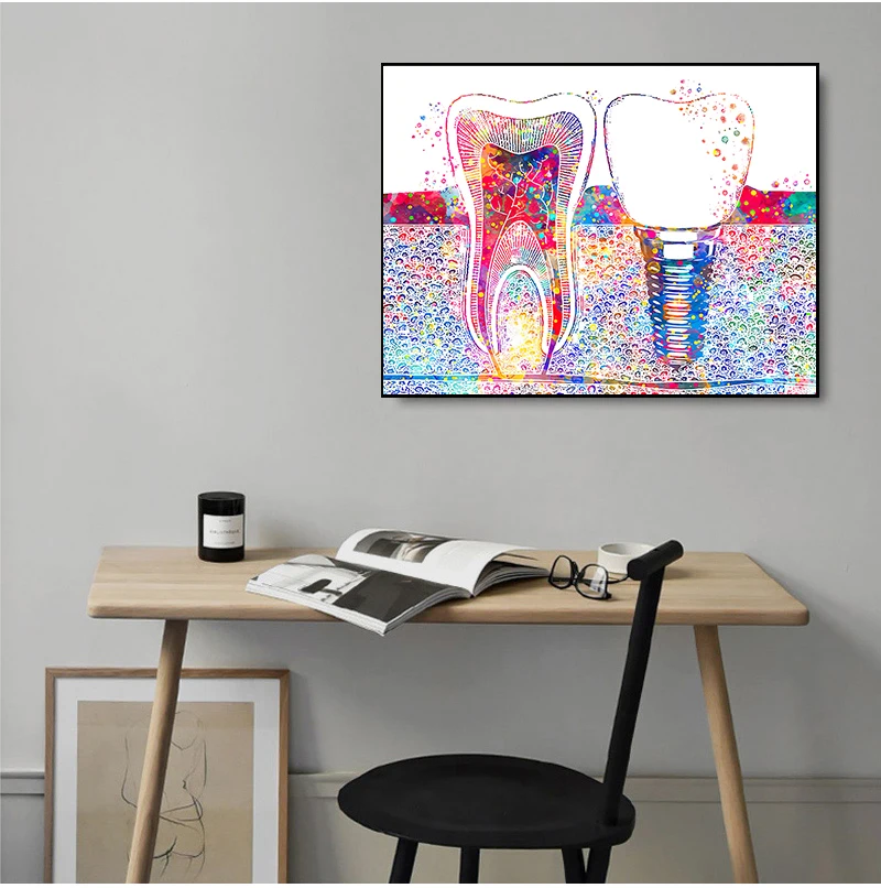 Dental Art Picture Tooth Implant Canvas Print Dentist Wall Art Painting Medicine Hygienist Poster Tooth Watercolor Clinic Decor