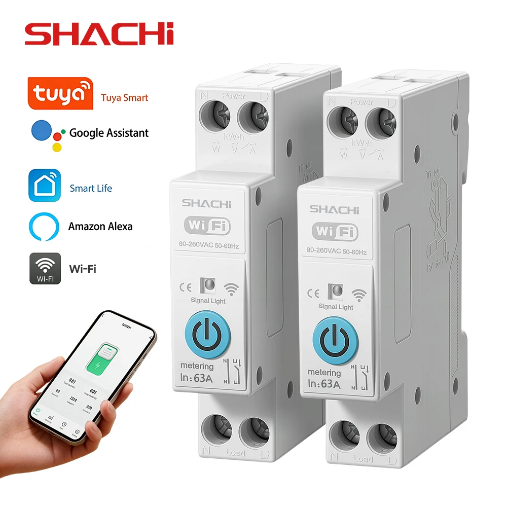 SHACH Intelligent WiFi Circuit Interruptor Tuya MCB 63A with Timer Energy kWh Meter Voltage Current Protection for Home Automati