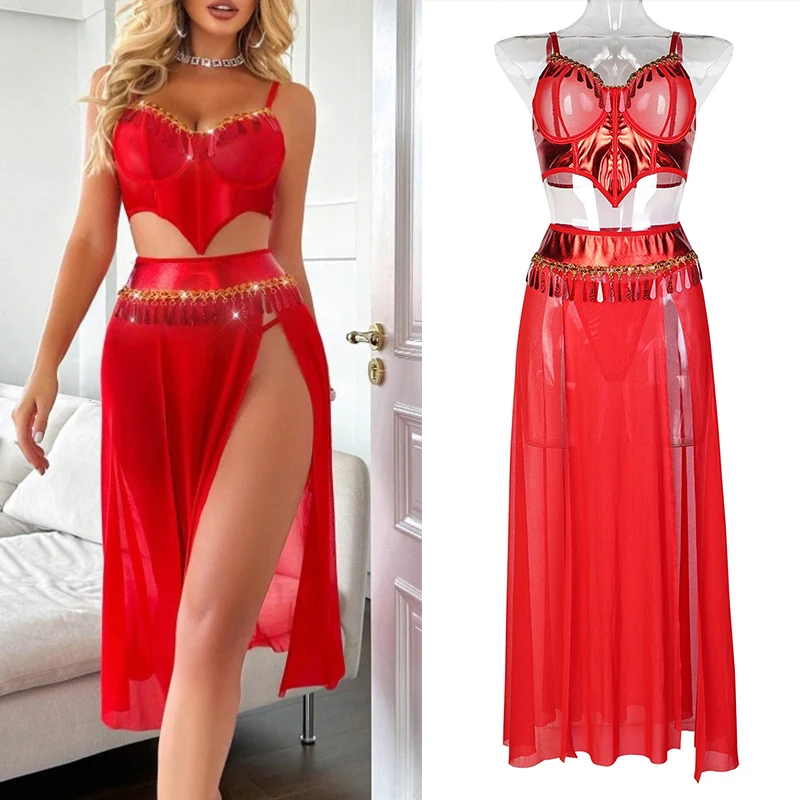 

Gogo Dance Costume Nightclub Dancing Queen Outfit Sexy Tassel Tops Red Split Skirt Party Show Rave Clothing Jazz Stage Wear 3450