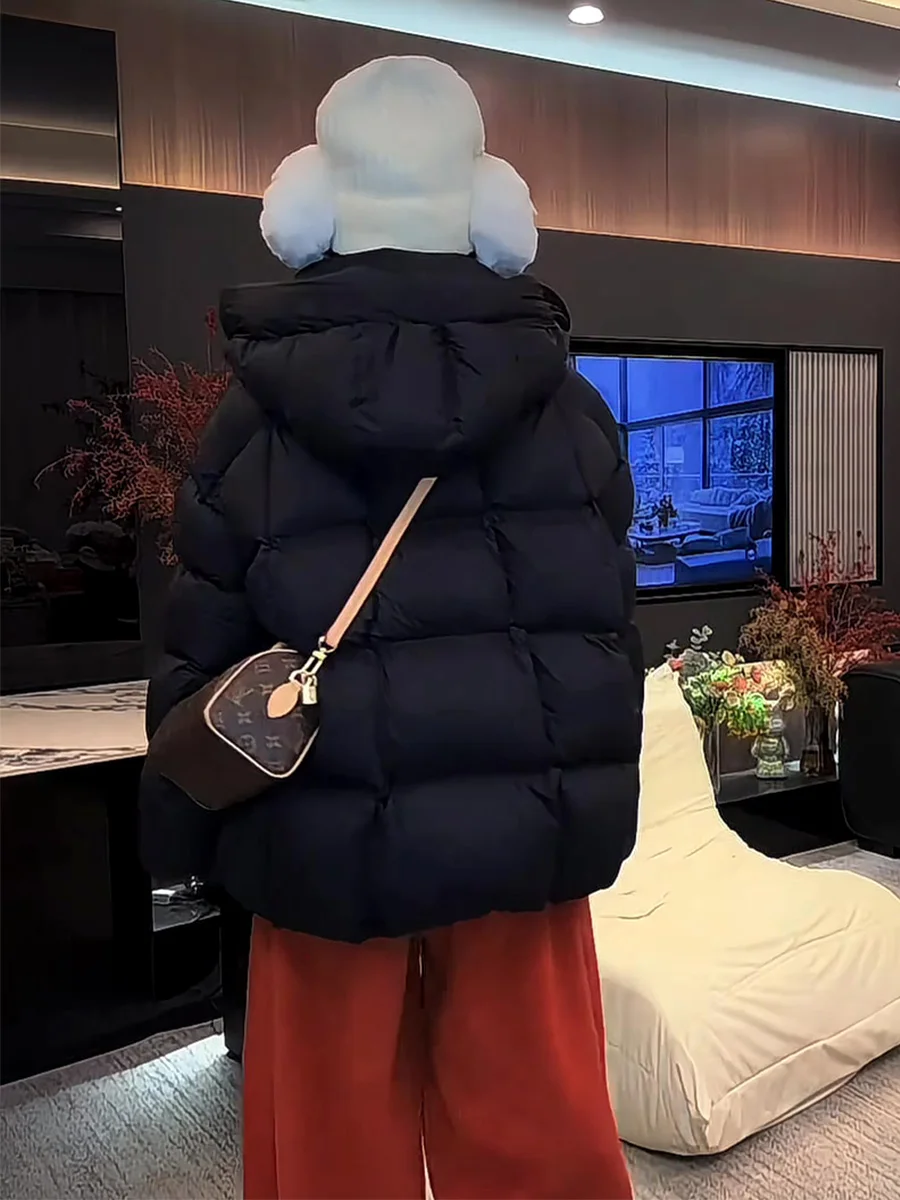 Chaqueta Acolchada Blanca Holgada para Mujer, Estilo Coreano, Chaqueta Larga con Capucha, Abrigo Cálido de Longitud Media