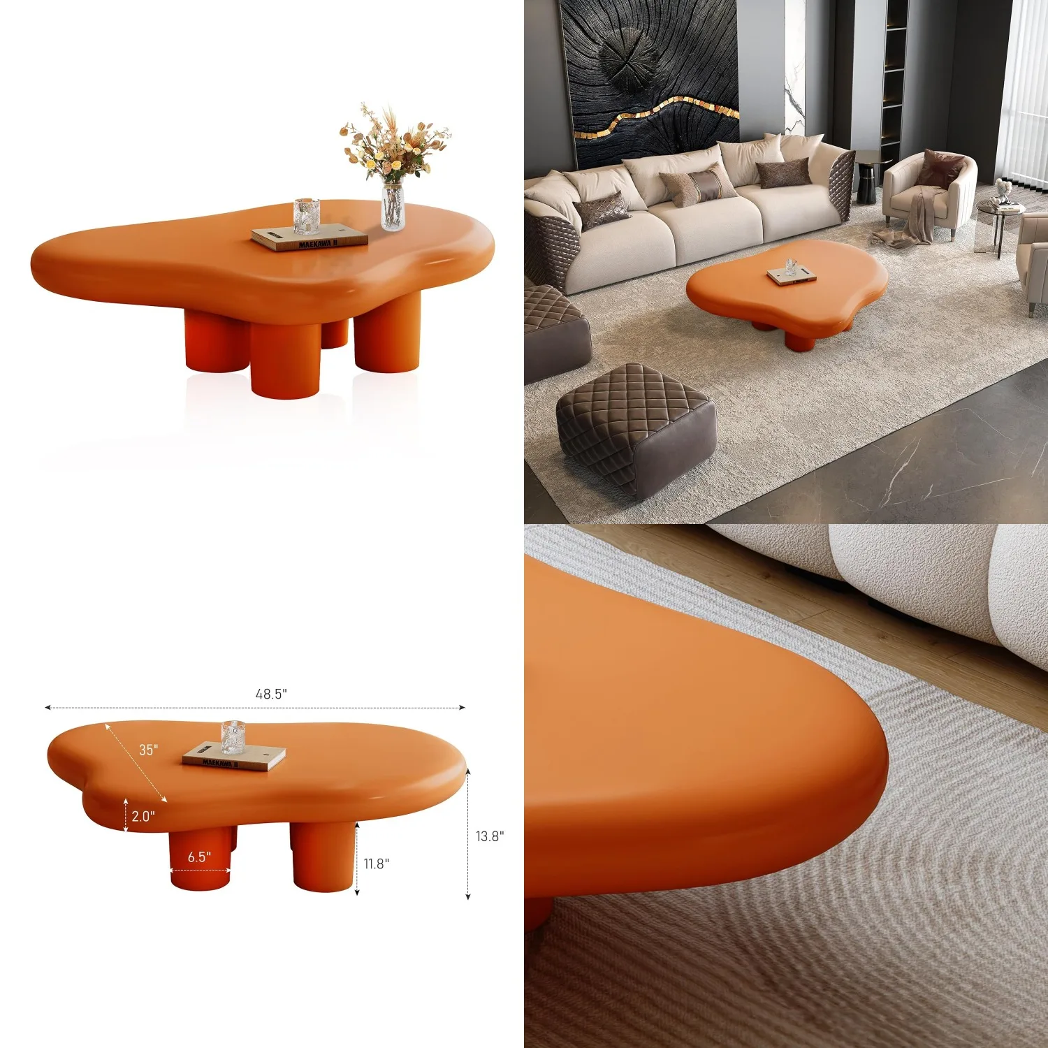 

48.5" Cloud Coffee Table Modern 4-Leg Living Room Easy Assembly Orange, Customized