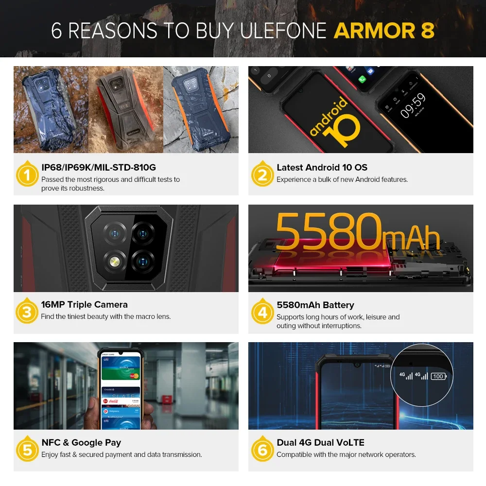 Ulefone-Armadura 8 Smartphone Robusto, Android 11, Uso do Telefone Celular, 4GB, 64GB, 16MP Câmera Tripla, Face ID Fingerprint ID, 5580mAh, 6,1"