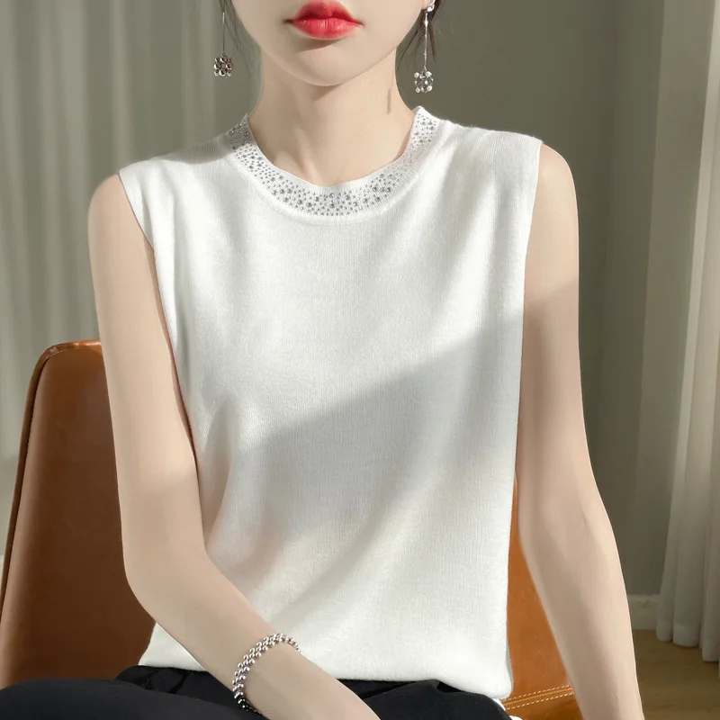 Fahion Women Tank Top 2026 Spring Summer Beading O-neck Sleeveless Tank Tops Innerwear Korean Bottoming Knitted Womens Tank Tops