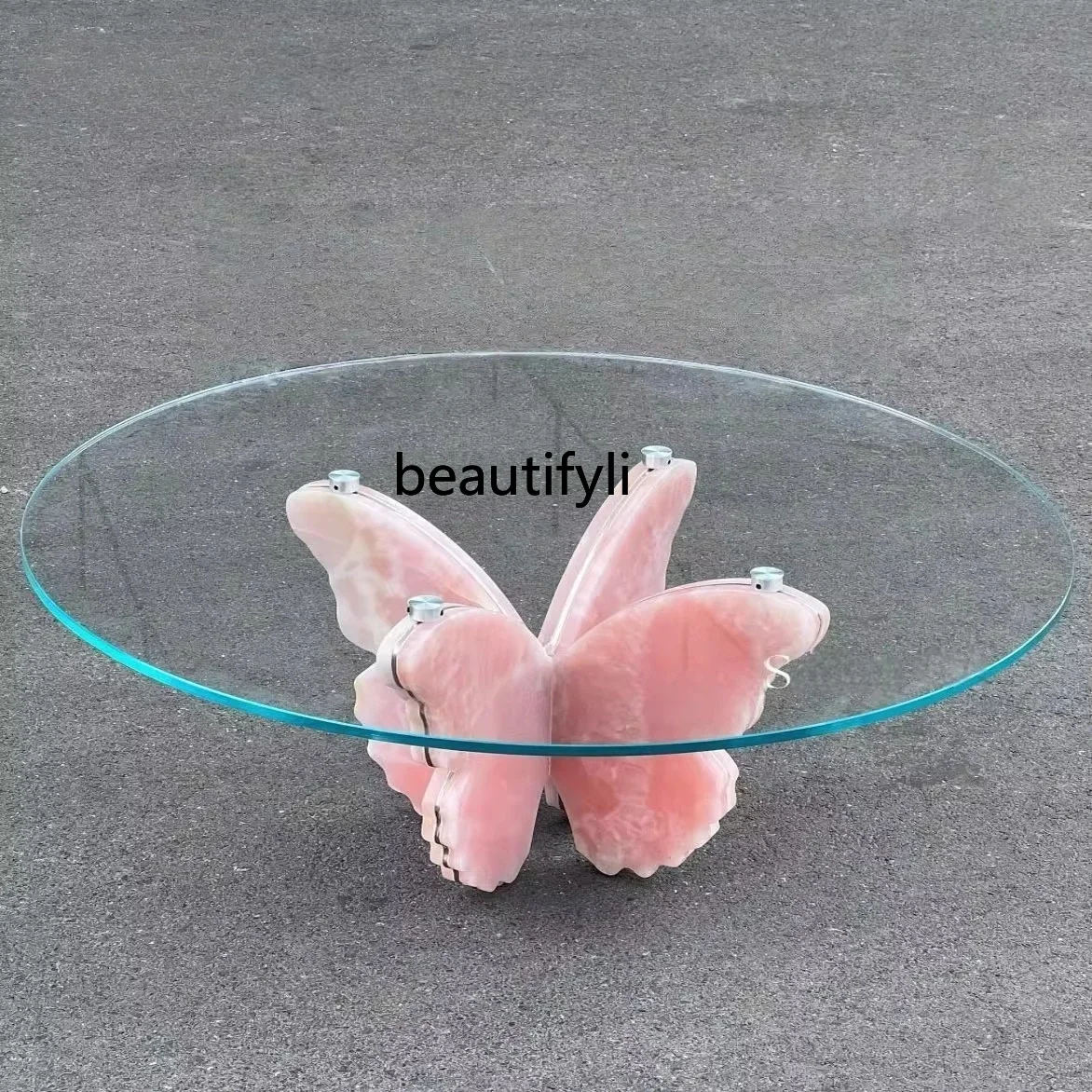 

Italian minimalist natural powder jade marble round coffee table small apartment living room simple butterfly glass coffee table