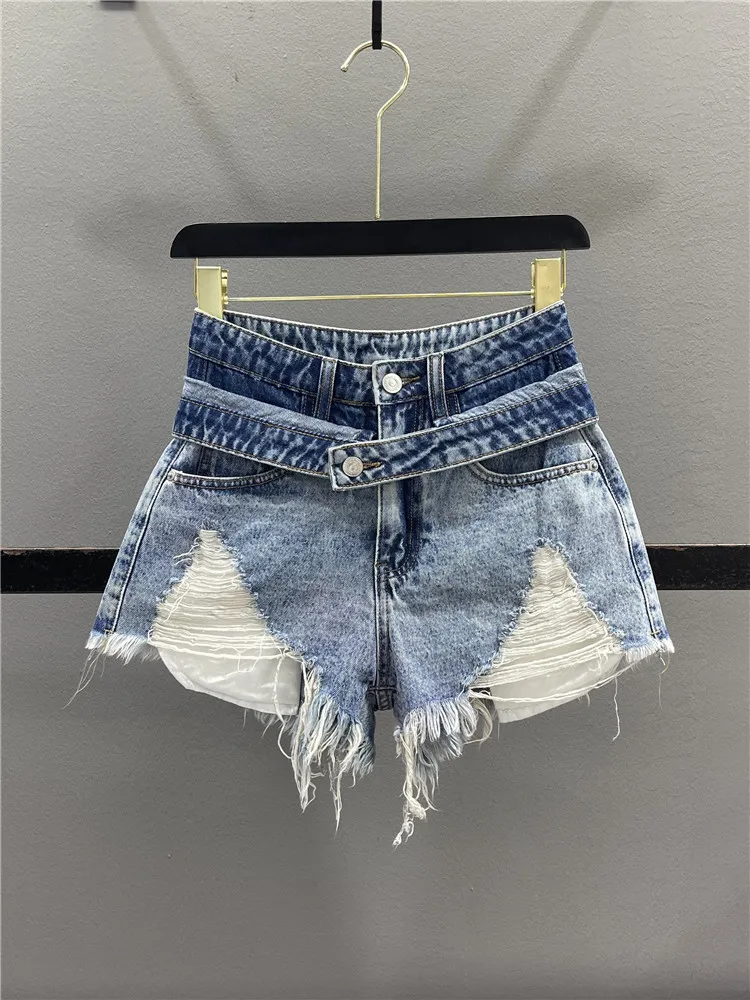 

High Waist Denim Shorts Women's Summer 2026 A-Line Wide Leg Hot Pants Double Waist Design Ripped Hem Casual Style Blue Jeans