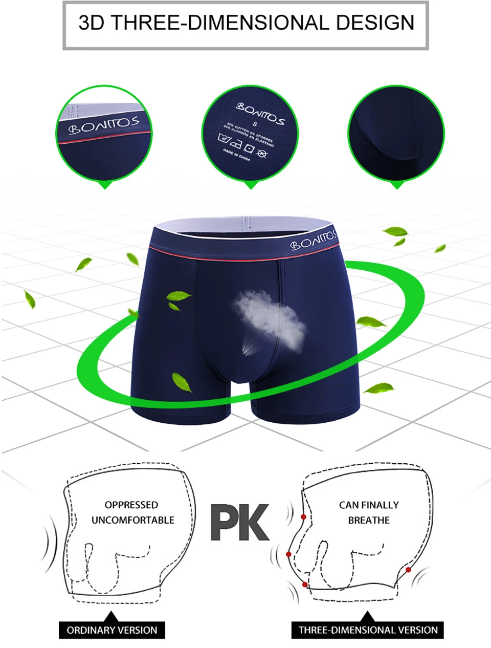 3er-Pack Herren-Unterhosen BONITOS mit elastischem Bund, Boxershorts, klassische Marken-Unterwäsche für Männer, Baumwoll-Boxershorts – Detail 7