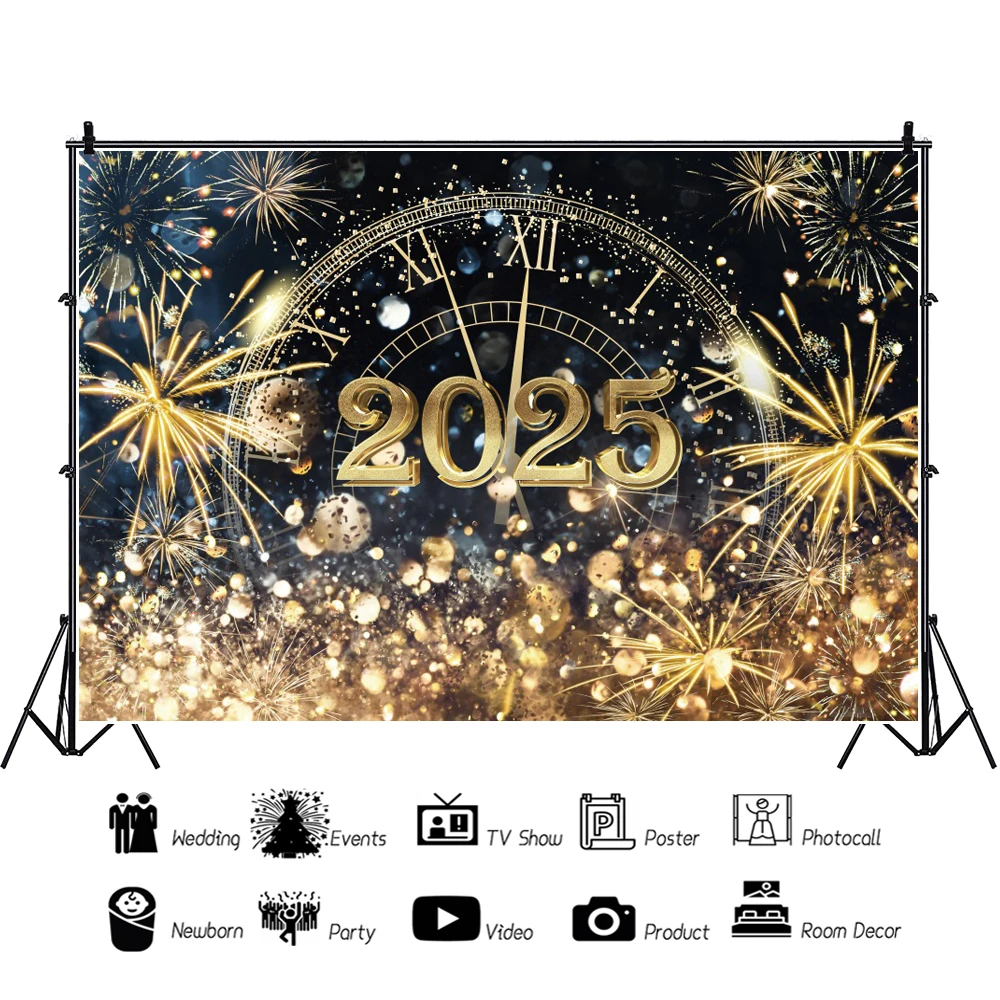 2025 Happy New Year Fireworks Photography Background Champagne Baby Shower Portrait Backdrop Poster Photo Studio Banner Custom