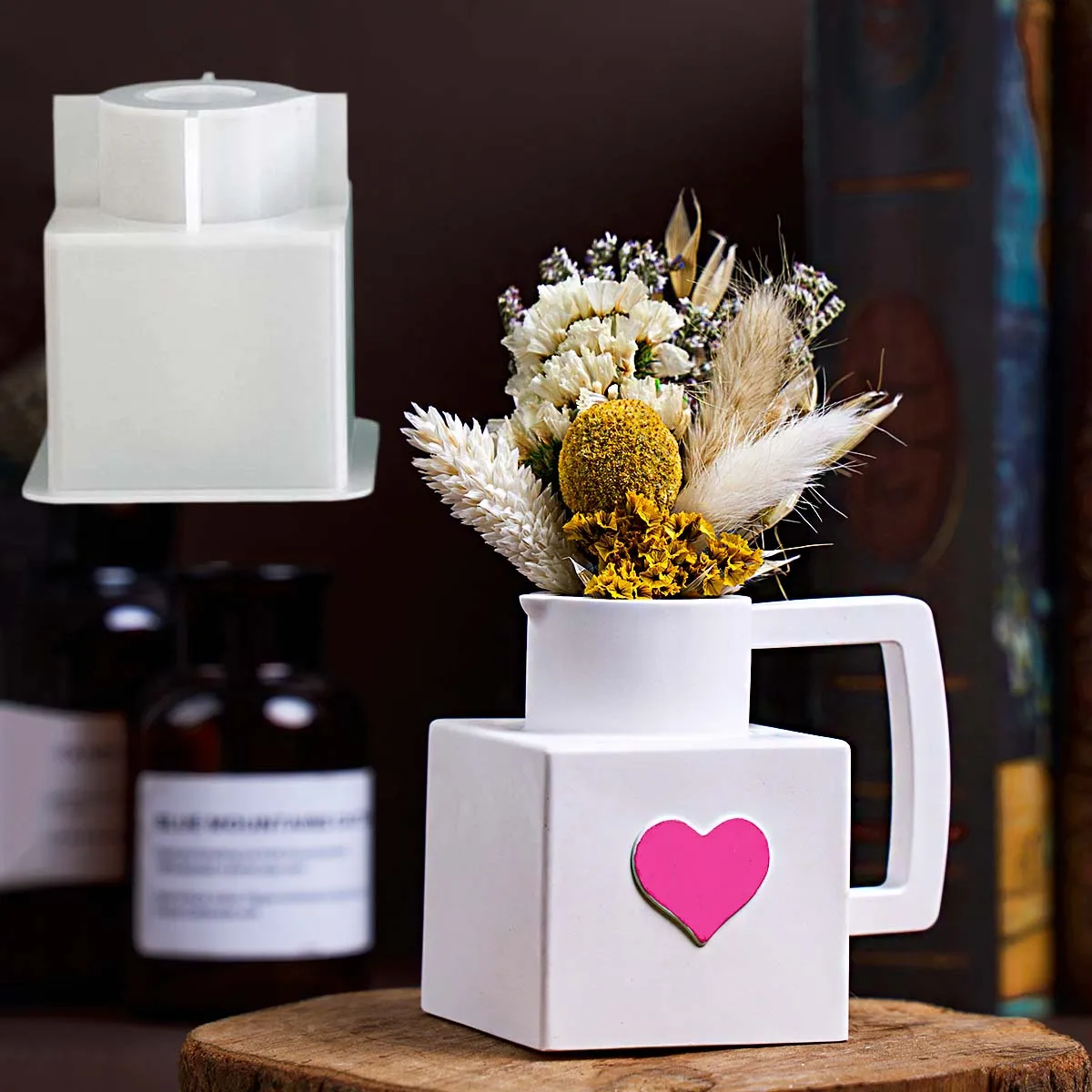 Heart Square Jar Silicone Mold DIY Handmade Concrete Making Pointed Spout Handle Scented Candle Cup Vase Mold Craft Home Decor