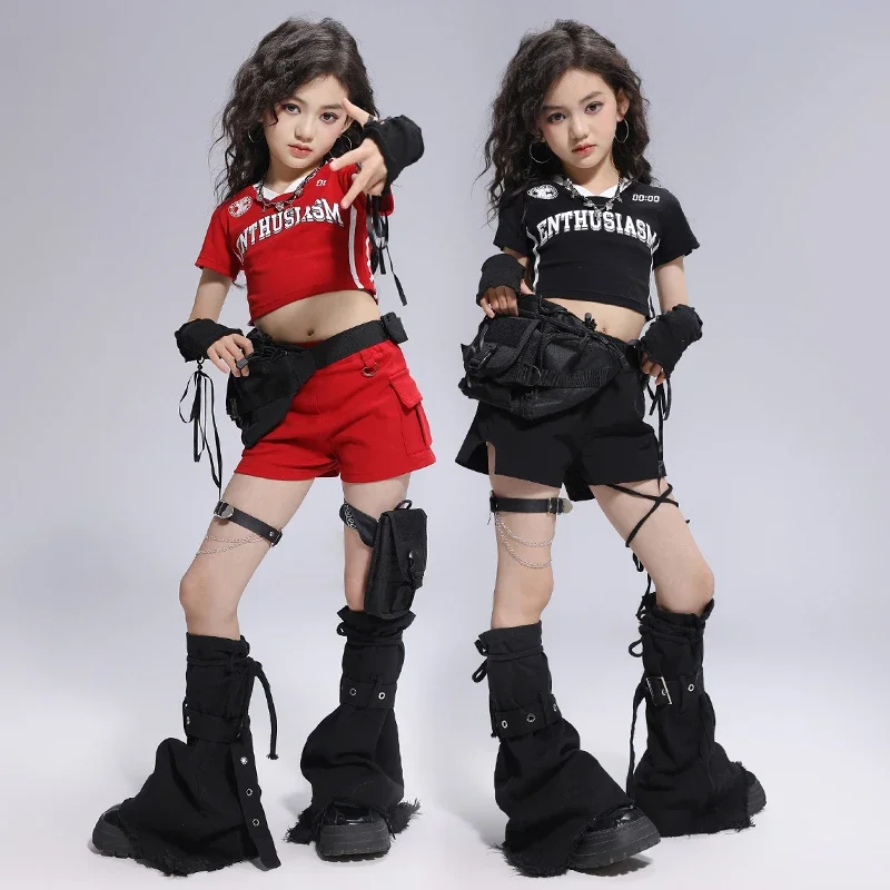 Hip Hop Mädchen K-Pop Rot Crop Tops Street Dance Shorts Kinder Ballsaal Sweatshirt 2-teiliges Kleidungsset Kinder Jazz Bühnenkostüme